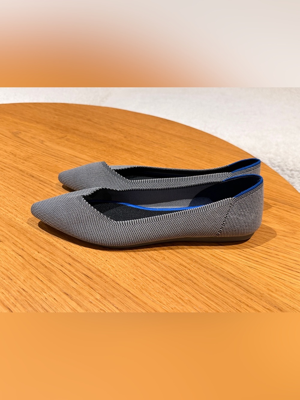 Rothy's Gray Knit Pointed-Toe Flats with Blue Trim